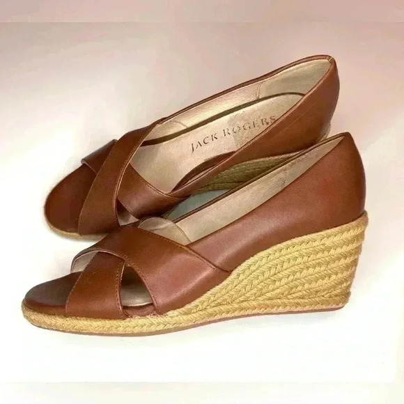 Jack Rogers Womens  PALMER Crisscross Wedge Espadrille Heels Mocha Leather SZ-6 - Picture 5 of 10